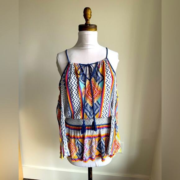 LULUMARI MULTICOLOR GEOMETRIC LONG SLEEVE COLD SHOULDER SWIM COVERUP - Picture 1 of 10